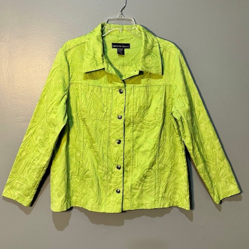 Mirror Image Jacket Womens 1X Lime Green Cotton Blend Textured Swirl Button Chic